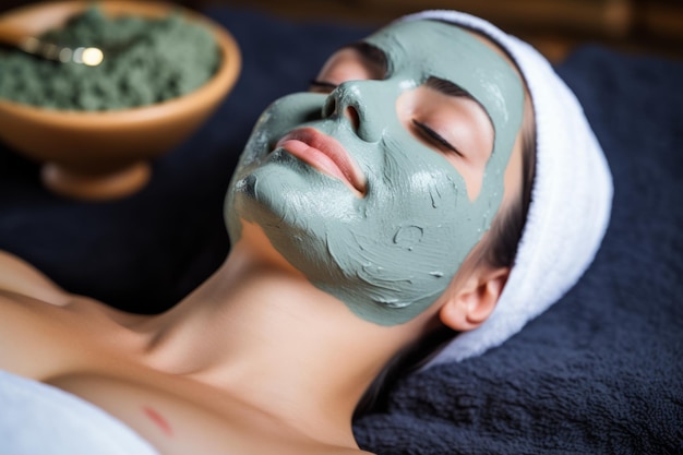 Beautiful young woman facial mask clay charcoal skincare female lady taking care skin beauty