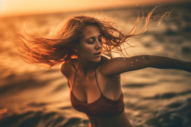 beautiful young woman falling sunset swim top swim