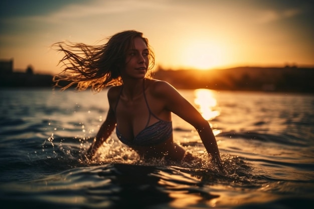 美しい若い女性落ちる日没水泳トップ水泳