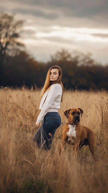 Photo beautiful young woman in a field with a dog