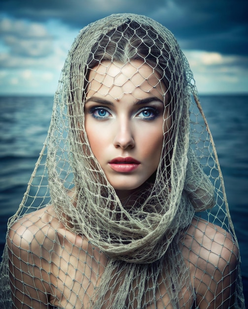 Beautiful young Woman in fishing net Unusual portrait of Pretty Girl and sea