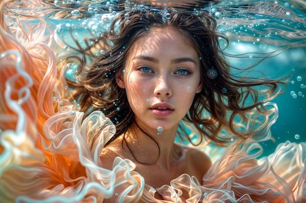 美しい若い女性がの毛を風に吹き飛ばして水に浮かんでいます