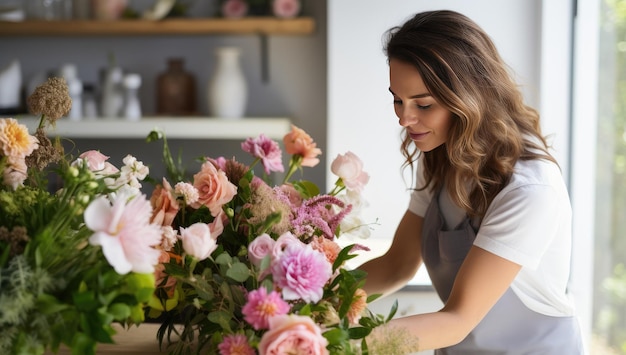 花屋で花束を作る美しい若い女性の花屋