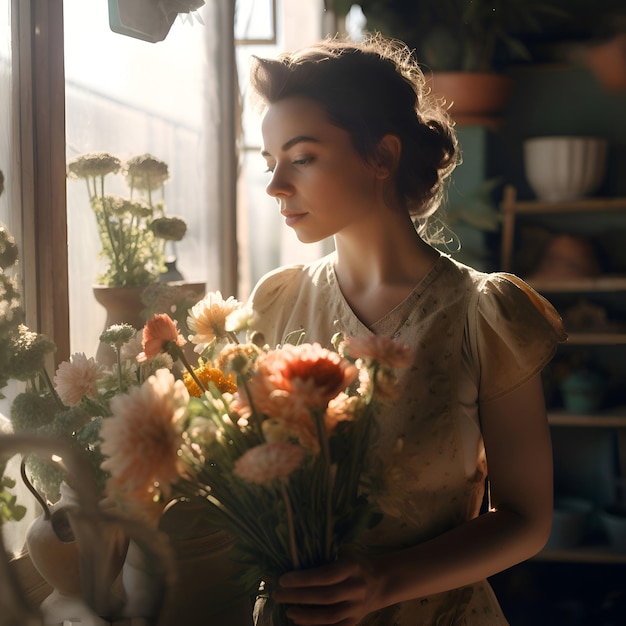 写真 花束を持った美しい若い女性の花屋