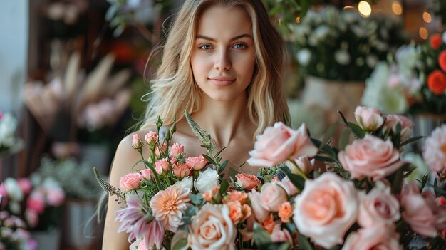 花束を持った美しい若い女性の花屋