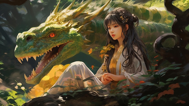 beautiful young woman in a forest with a dragon