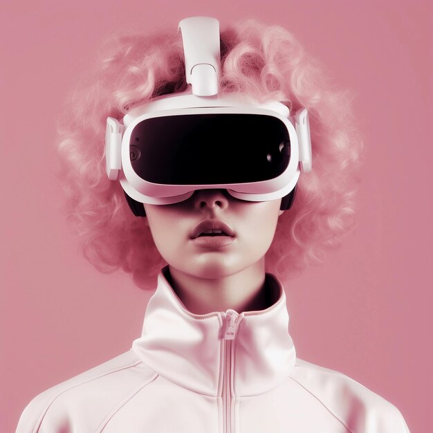 美しい若い女性が未来的な仮想現実のメガネを頭に着けています
