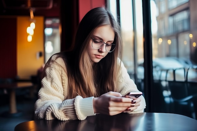 Photo beautiful young woman in glasses sitting in cafe and using smartphone generative ai