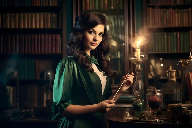 Beautiful young woman in green dress holding a magic wand Retro style