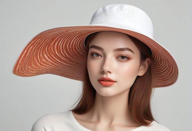 Beautiful young woman in hat on grey background Beauty and fashion