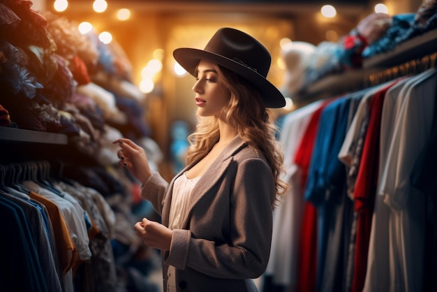 Beautiful young woman in hat looking at the clothing in the store