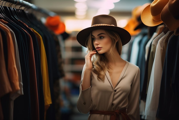 Beautiful young woman in hat looking at the clothing in the store