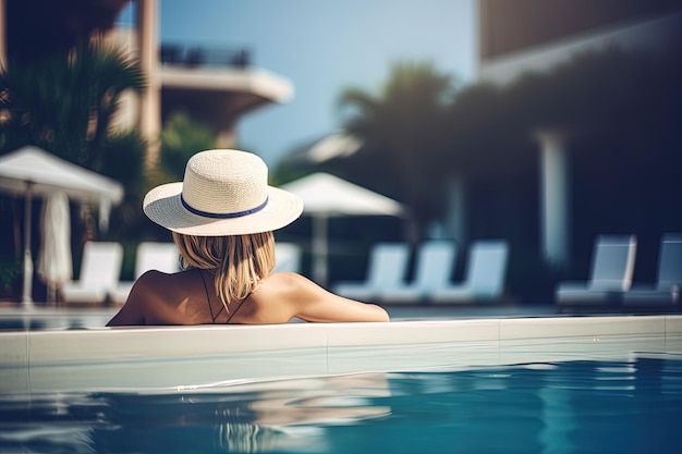 красивая молодая женщина в шляпе отдыхает в бассейне