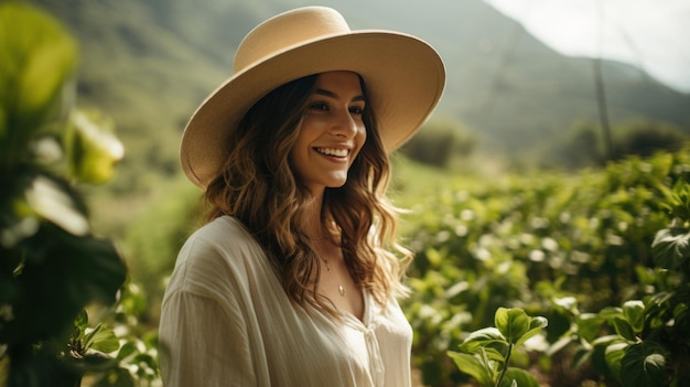 Beautiful young woman in hat standing on coffee plantation green field nature tourism to coffee