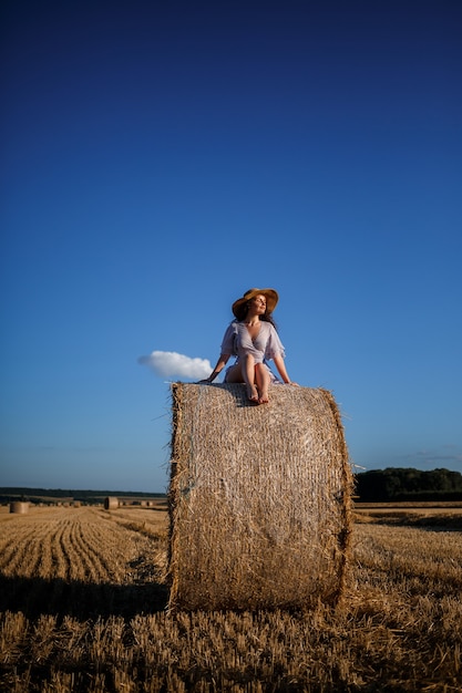 A beautiful young woman in a hat and a summer dress sits on a sheaf of hay in a field. Rural nature, wheat field