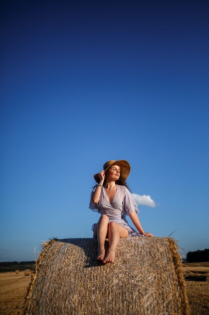 A beautiful young woman in a hat and a summer dress sits on a sheaf of hay in a field. Rural nature, wheat field