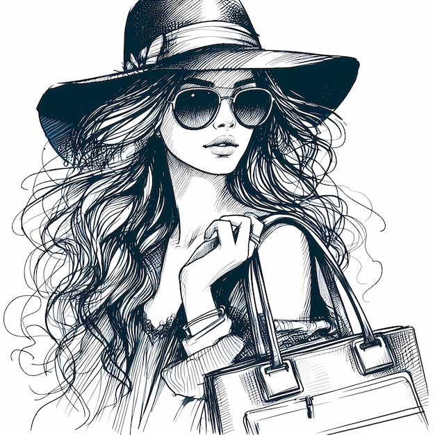 Красивая молодая женщина в шляпе и солнцезащитных очках Модная девушка с сумкой в руках