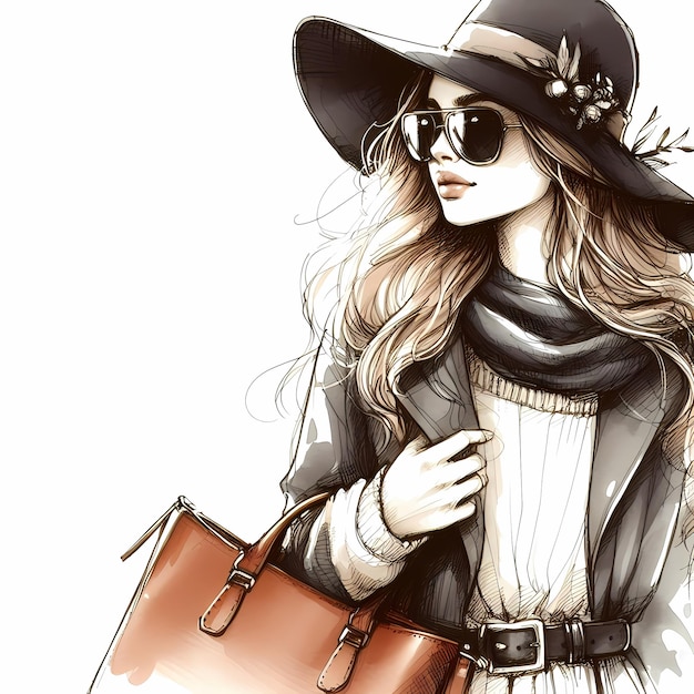 Photo beautiful young woman in a hat and sunglasses fashionable girl with a bag in her hands