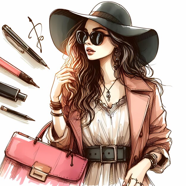 Photo beautiful young woman in a hat and sunglasses fashionable girl with a bag in her hands