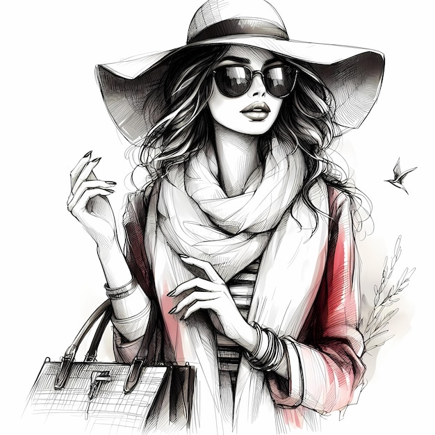 Beautiful young woman in a hat and sunglasses Fashionable girl with a bag in her hands
