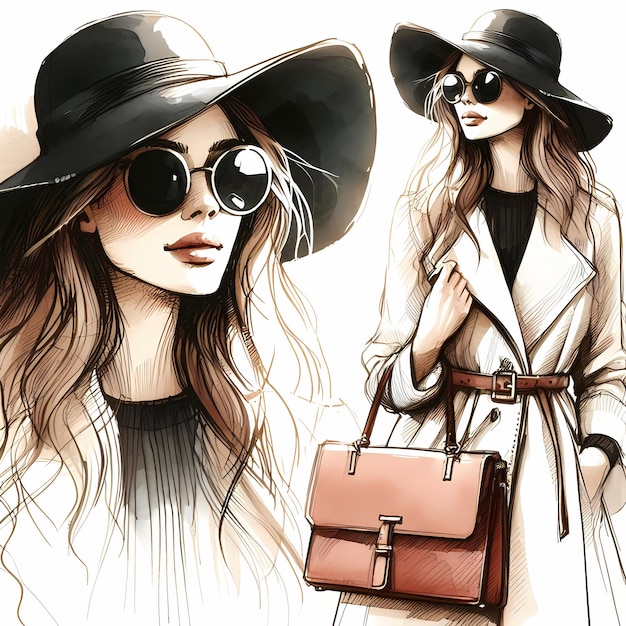 Beautiful young woman in a hat and sunglasses Fashionable girl with a bag in her hands