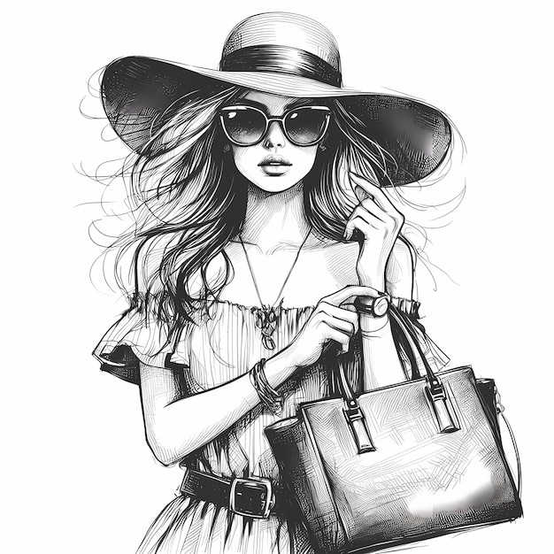 Beautiful young woman in a hat and sunglasses Fashionable girl with a bag in her hands