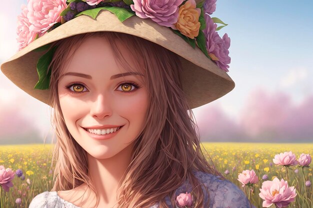 Beautiful young woman in a hat with flowers in her hair