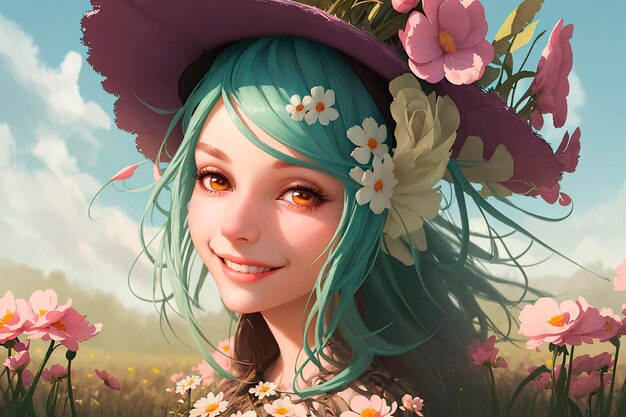 Beautiful young woman in a hat with flowers in her hair