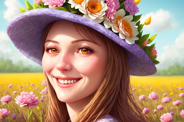 帽子をかぶっての毛に花をかぶった美しい若い女性