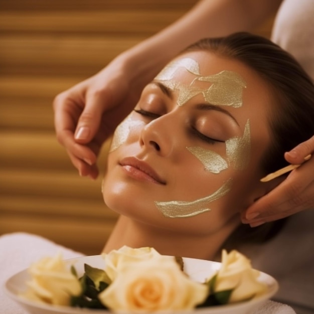 Beautiful young woman having a facial mask in a spa salon