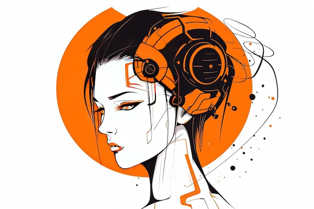 Beautiful young woman in headphones illustration style of a girl with robotic head