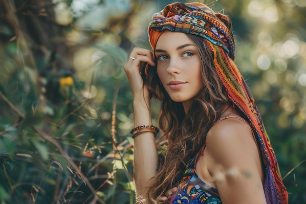 Photo beautiful young woman hippie posing outdoor