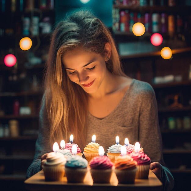 Beautiful young woman holding cupcakes with candles in her hands