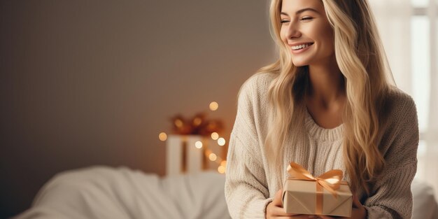 Beautiful young woman holding a gift box and smiling while sitting on the bed at home