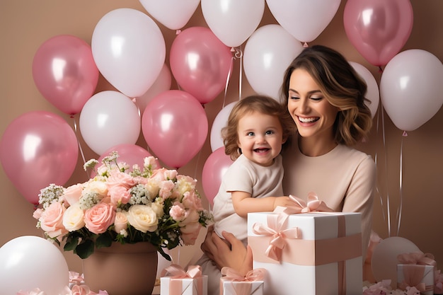 Photo a beautiful young woman holding her baby girl smiling