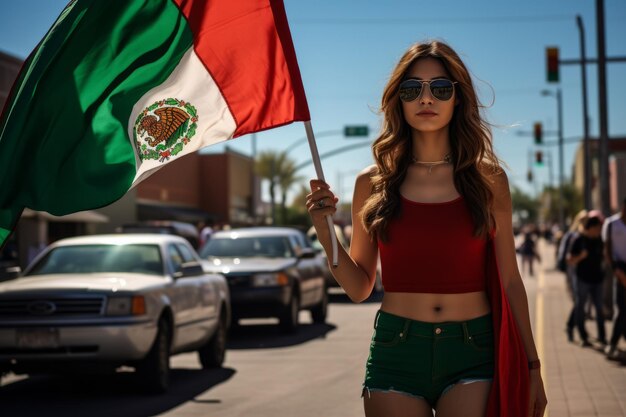 멕시코 국기를 들고 있는 아름다운 젊은 여자