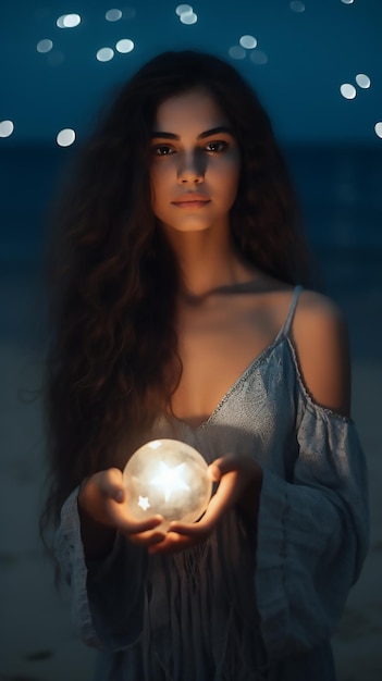 Foto bella giovane donna che tiene la luna sulla spiaggia con molte stelle luminose realistico ma romantico