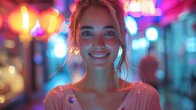 Photo beautiful young woman holding a smartphone on a night street full of neon lights portrait of gorgeous smiley woman holding a smartphone