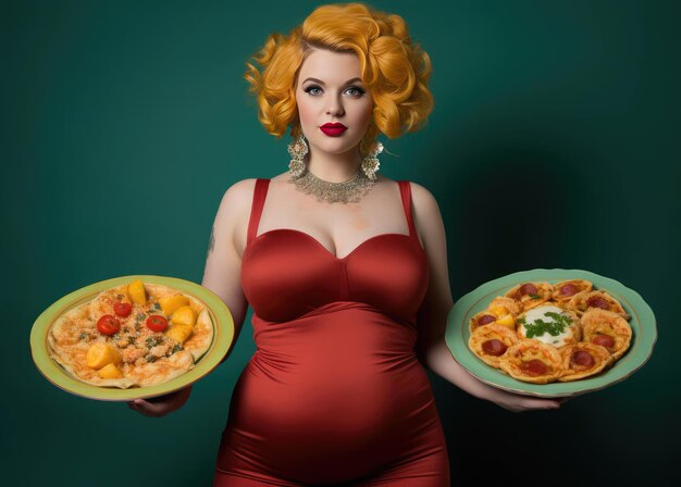 Photo beautiful young woman holding trays of junk food in her hands