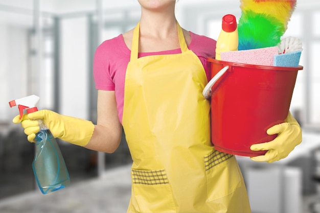 Beautiful Young Woman Housewife with Cleaning products