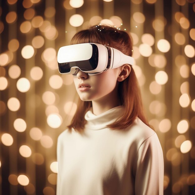 写真 美しい若い女性が未来的な仮想現実のメガネを頭に着けています