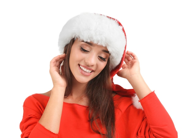 사진 흰색 바탕에 산타 모자에 아름 다운 젊은 여자