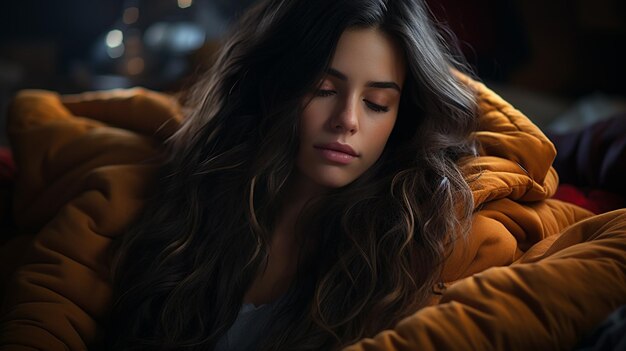 Фото Красивая молодая женщина в теплой одежде лежит на диване
