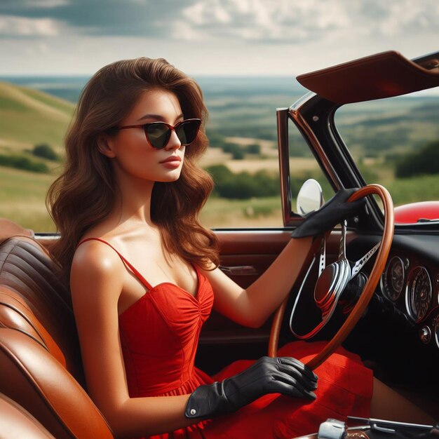 Foto una bella giovane donna sta guidando un'auto.