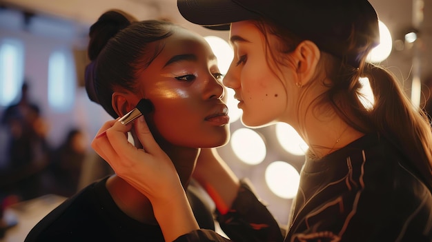 Photo a beautiful young woman is having her makeup done by a professional makeup artist the makeup artist is applying blush to the womans cheekbones