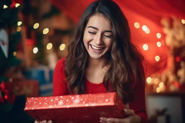 Beautiful young woman is opening a gift box and smiling while celebrating Christmas at home