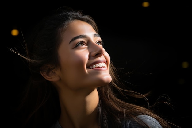 a beautiful young woman is smiling and looking up at the sky