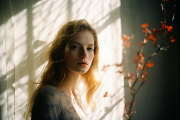 a beautiful young woman is standing in front of a window