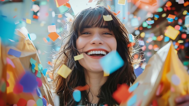 Photo beautiful young woman is throwing confetti in the air and smiling she is celebrating her success and having fun