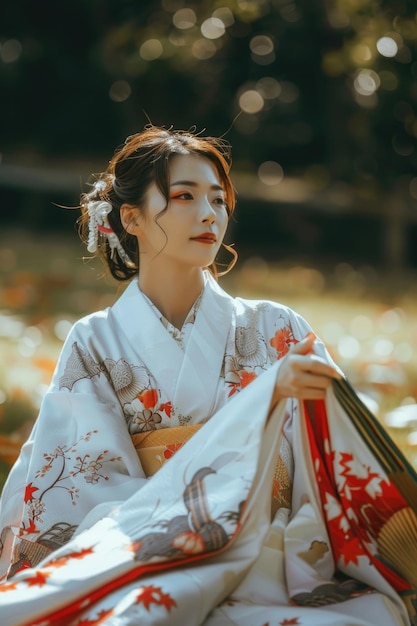 A beautiful young woman in a kimono practicing traditional Japanese customs